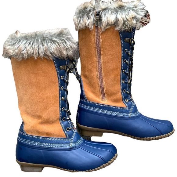 Sporto Natasha Waterproof Suede Navy Blue Brown Leather Duck Boot Size 9.5 Chest - Picture 1 of 7